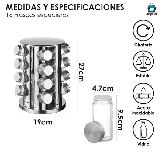 9 Especieros Organizadores Redondo Frascos Cristal Resistente por Mayoreo