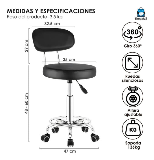 6 Silla Banco Taburete Oficina 360° Ajustable Con Respaldo por Mayoreo