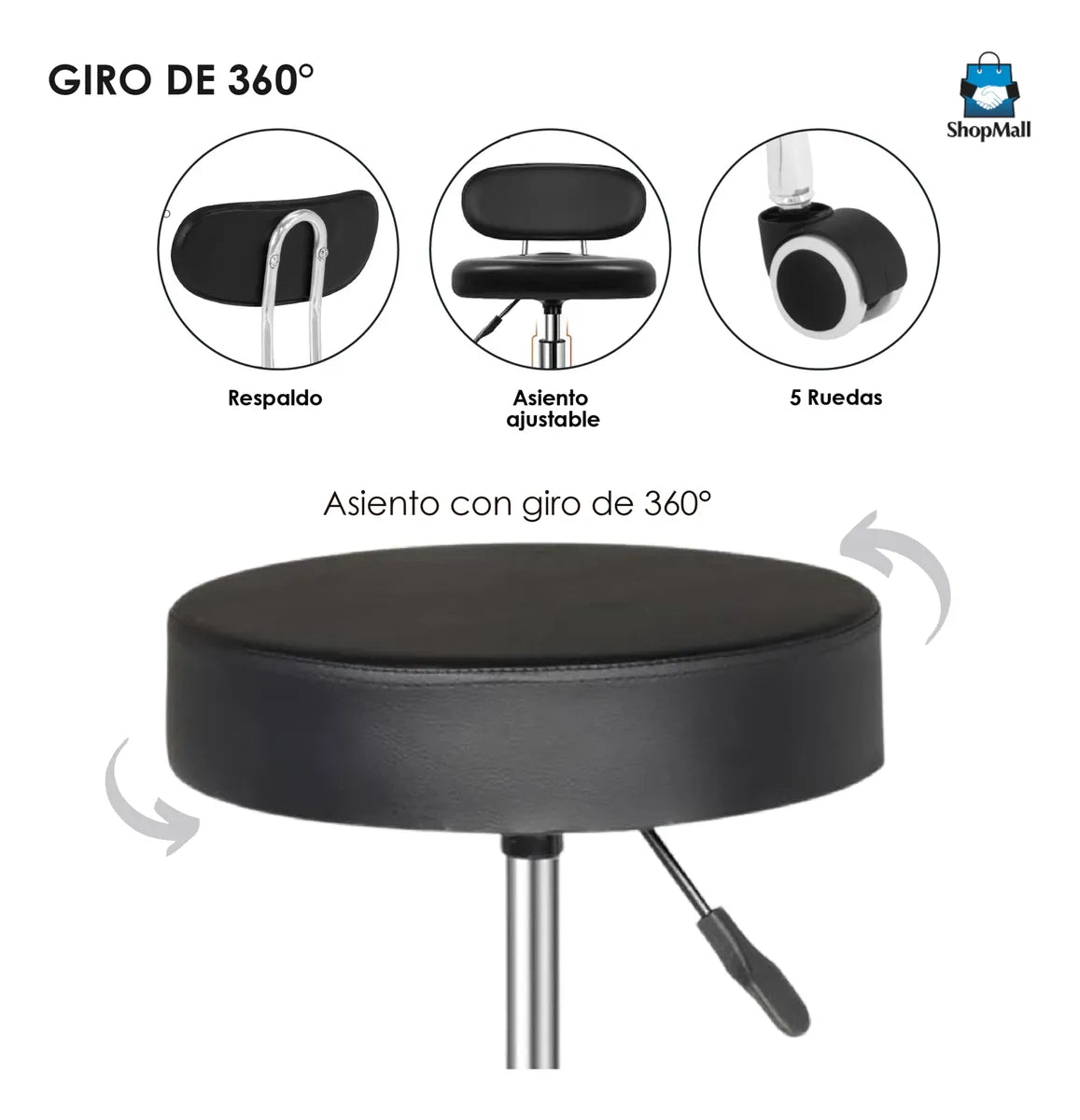 6 Silla Banco Taburete Oficina 360° Ajustable Con Respaldo por Mayoreo